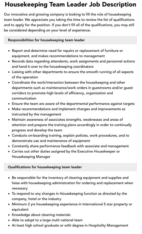 Housekeeping Team Leader Job Description .